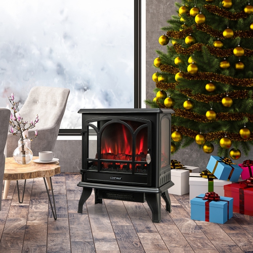 Costway 23" Freestanding Electric Fireplace Heater Stove W/ Realistic Flame Effect 1400W