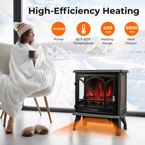 Costway 23" Freestanding Electric Fireplace Heater Stove W/ Realistic Flame Effect 1400W