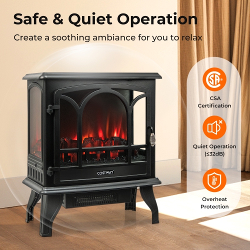 Costway 23" Freestanding Electric Fireplace Heater Stove W/ Realistic Flame Effect 1400W