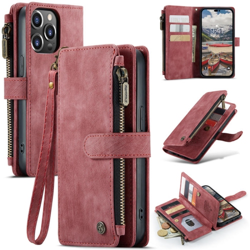 CaseMe Wallet Case Premium Leather Protector Zipper Cover with 7-Slots ID and Credit Cards Pocket with Side Cash Pocket with Stand For iPhone 14 - Red