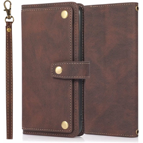 Loris & Case Retro Flip Wallet Case with 9 Card Slots Kickstand PU Leather Folio Wrist Strap Purse Phone Cover for iPhone 14 - Brown