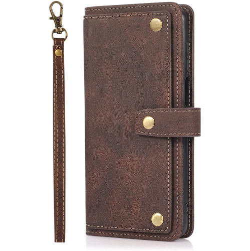 Loris & Case Retro Flip Wallet Case with 9 Card Slots Kickstand PU Leather Folio Wrist Strap Purse Phone Cover for iPhone 14 - Brown