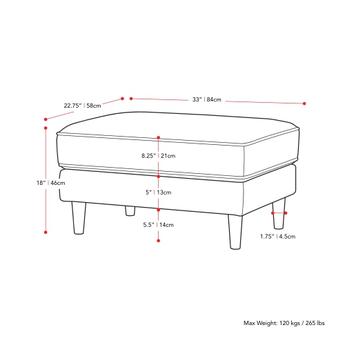 CorLiving LGA-401-O Mulberry Fabric Upholstered Modern Ottoman, Grey
