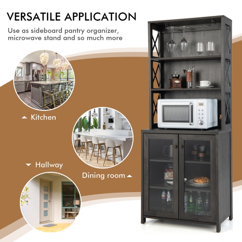 Costway Tall Freestanding Bar Cabinet Kitchen Buffet w/ Glass Holder & Adjustable Shelf