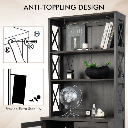 Costway Tall Freestanding Bar Cabinet Kitchen Buffet w/ Glass Holder & Adjustable Shelf