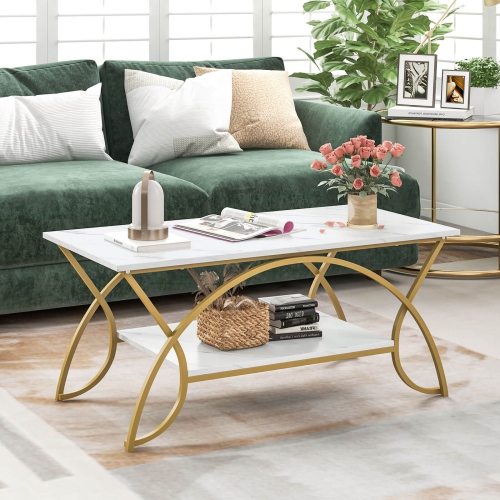 COSTWAY  Coffee Table Modern Marble 2-Tier Coffee Table Rectangle for Living Room In Gold