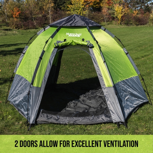 North East Harbor 5 Person Instant Automatic Camping Tent Waterproof Double Layered Fabric, Portable Hexagon Tent with Carry Bag, Green, 8.9'L x