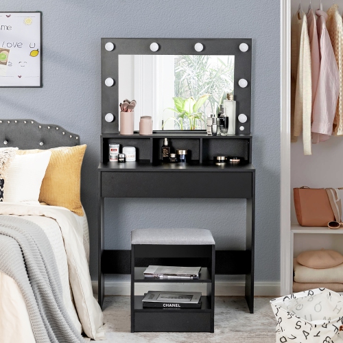 Ensemble coiffeuse de Costway avec miroir éclairé 8 ampoules à DEL Grand tabouret coussiné à tiroir