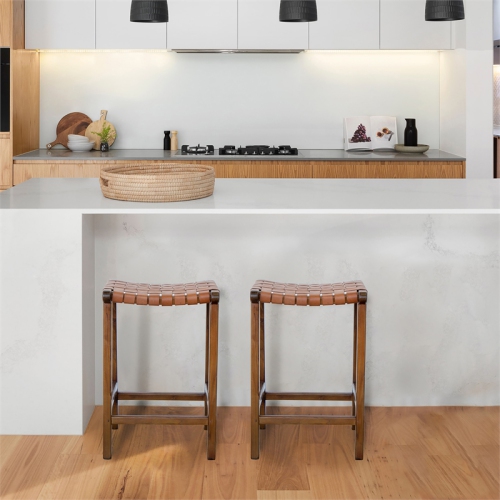 PEMBERLY ROW  Mid-Century Saddle Genuine Leather Counter Stool In In Tan