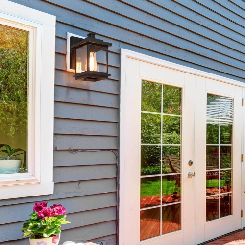 1-Light Black Outdoor Porch Light Glass Shade