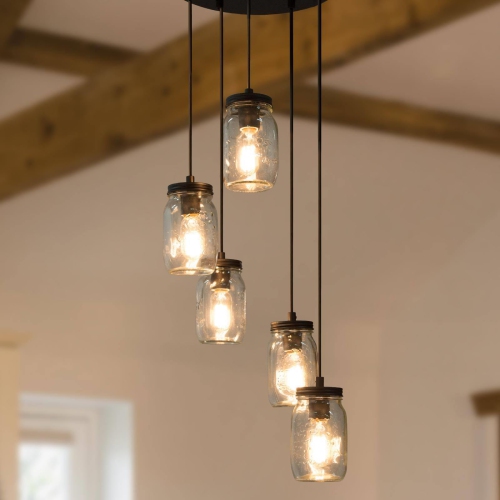 Modern Industrial 5-light Chandelier Bronze Adjustable Mason Jar Pendant