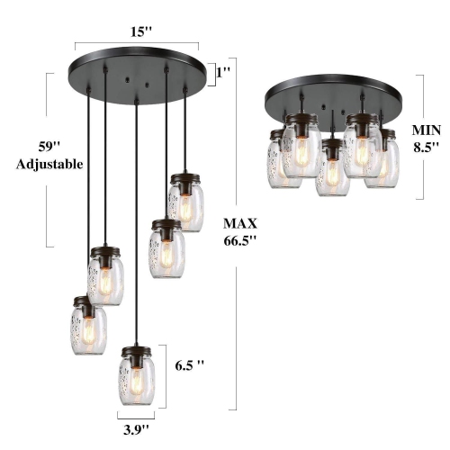 Modern Industrial 5-light Chandelier Bronze Adjustable Mason Jar Pendant