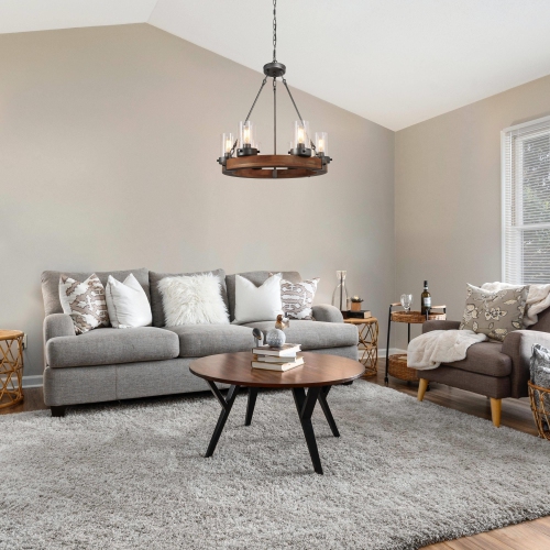 Lustre champêtre en bois à 6 lumières