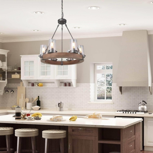 Lustre champêtre en bois à 6 lumières