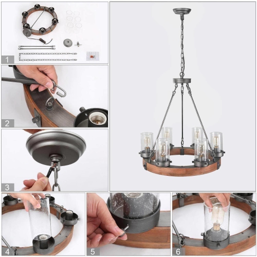 Lustre champêtre en bois à 6 lumières