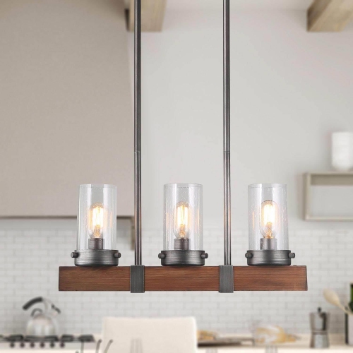 Farmhouse 3-light Wood Linear Chandelier for Kitchen Island