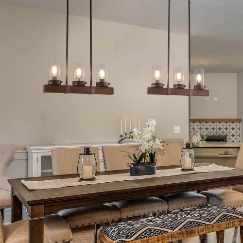 Farmhouse 3-light Wood Linear Chandelier for Kitchen Island