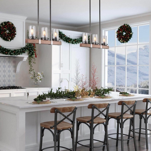 Farmhouse 3-light Wood Linear Chandelier for Kitchen Island