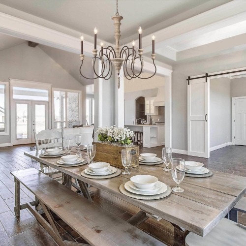 6-Light French Country Farmhouse Wood Chandelier Shabby Chic French Country Wood Ceiling Light