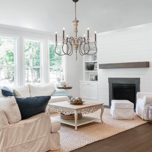 6-Light French Country Farmhouse Wood Chandelier Shabby Chic French Country Wood Ceiling Light