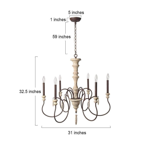 6-Light French Country Farmhouse Wood Chandelier Shabby Chic French Country Wood Ceiling Light