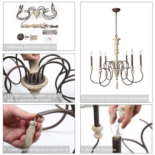 6-Light French Country Farmhouse Wood Chandelier Shabby Chic French Country Wood Ceiling Light
