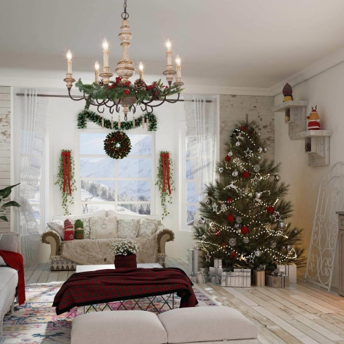 6-Light French Country Wood Candle Chandeliers