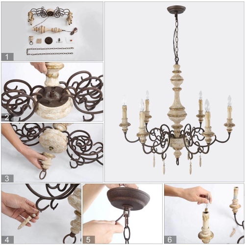 6-Light French Country Wood Candle Chandeliers