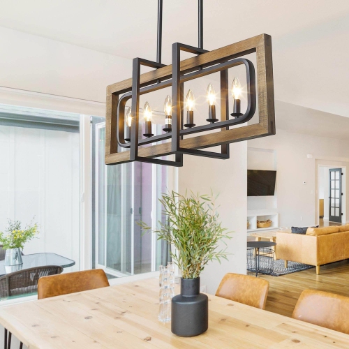 Farmhouse Rectangle 6-light Wood Candle Chandelier Island Lights