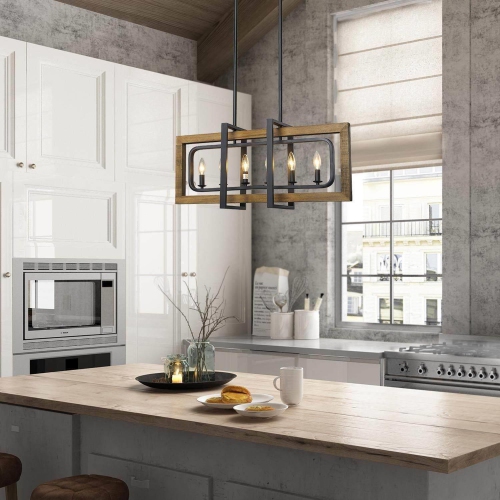 Farmhouse Rectangle 6-light Wood Candle Chandelier Island Lights