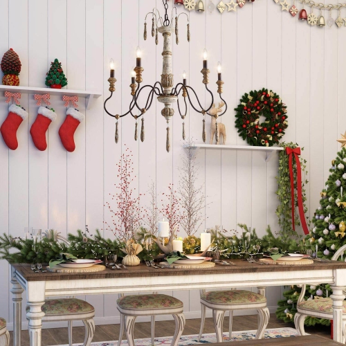 French Country 6-Light Candle Style Wood Chandelier for Dining Room