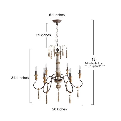 French Country 6-Light Candle Style Wood Chandelier for Dining Room
