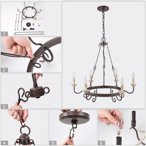 Farmhouse Rustic 6-Light Chandelier French Country Metal Wagon Wheel for Living Room
