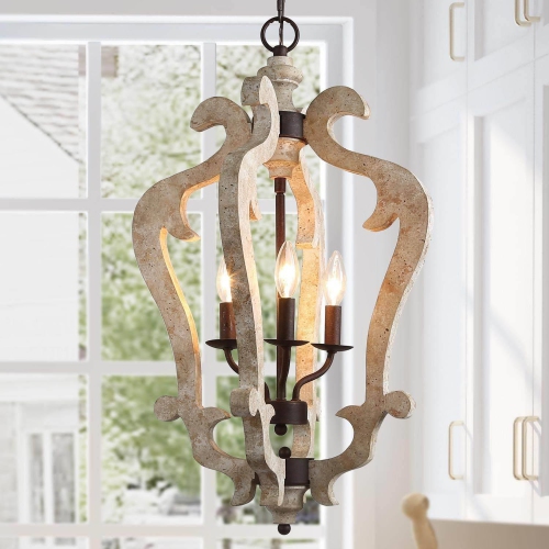 3-light Wood Chandelier Foyer Hanging Lantern