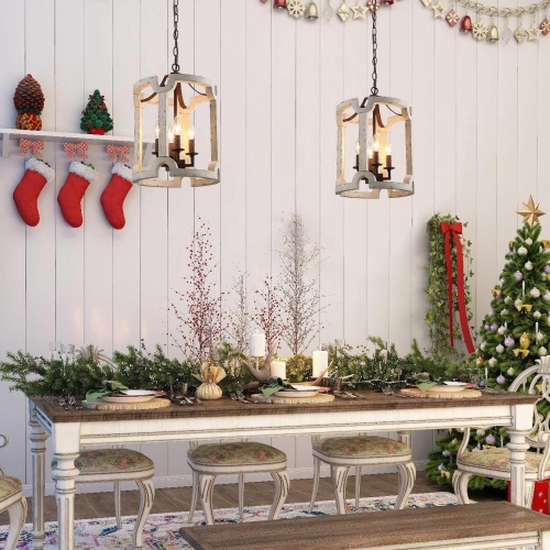 Farmhouse 4-Light Cylinder Wood Chandelier Rustic Foyer Island Lights