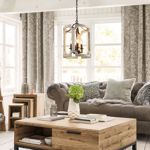 Farmhouse 4-Light Cylinder Wood Chandelier Rustic Foyer Island Lights