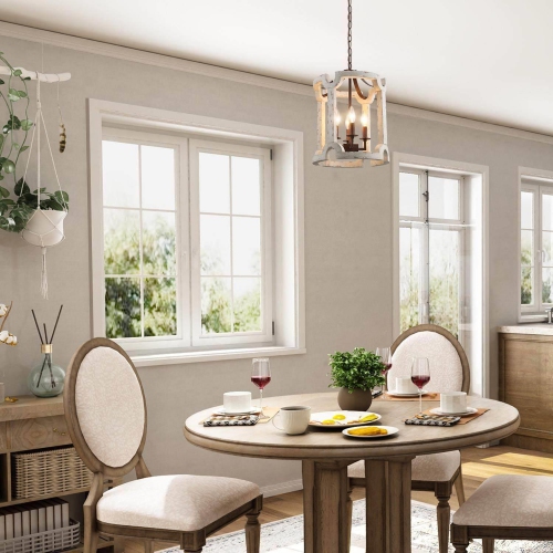 Farmhouse 4-Light Cylinder Wood Chandelier Rustic Foyer Island Lights