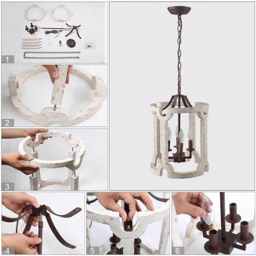 Farmhouse 4-Light Cylinder Wood Chandelier Rustic Foyer Island Lights