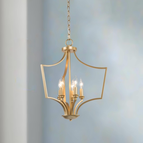 Mid-Century Modern Gold 5-Light Geometric Lantern Candle Chandelier