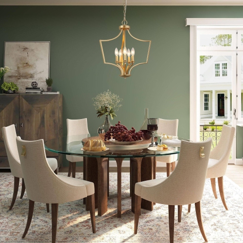 Mid-Century Modern Gold 5-Light Geometric Lantern Candle Chandelier