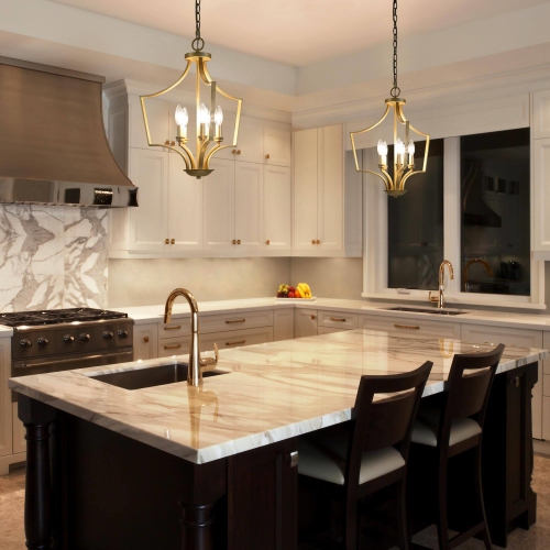 Mid-Century Modern Gold 5-Light Geometric Lantern Candle Chandelier