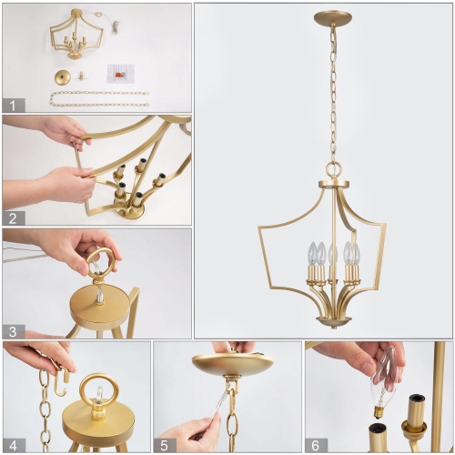 Mid-Century Modern Gold 5-Light Geometric Lantern Candle Chandelier