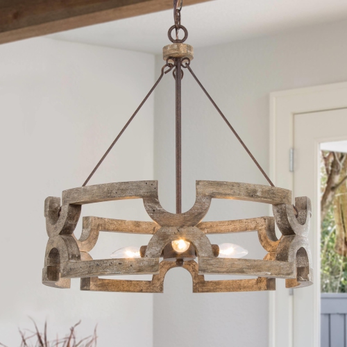 Farmhouse 3-Light Distressed Wood Drum Chandelier for Dining Room