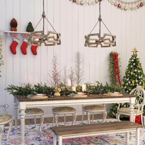 Farmhouse 3-Light Distressed Wood Drum Chandelier for Dining Room