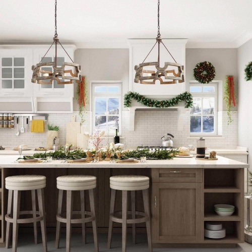 Farmhouse 3-Light Distressed Wood Drum Chandelier for Dining Room