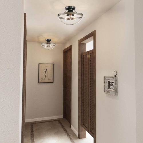 3-Light Modern Cage Semi-Flush Mount Light with Seeded Glass Shade