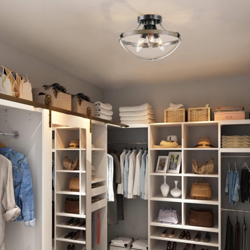 3-Light Modern Cage Semi-Flush Mount Light with Seeded Glass Shade