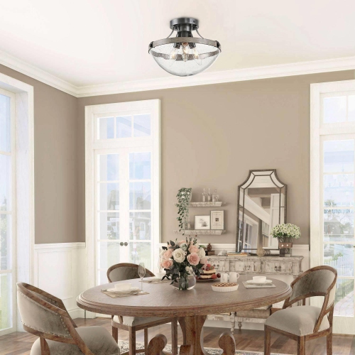 3-Light Modern Cage Semi-Flush Mount Light with Seeded Glass Shade