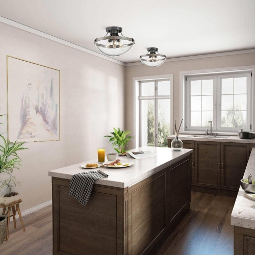 3-Light Modern Cage Semi-Flush Mount Light with Seeded Glass Shade