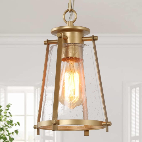LNC  1- Light Modern Lantern Kitchen Island Light With Seeded Glass In Gold